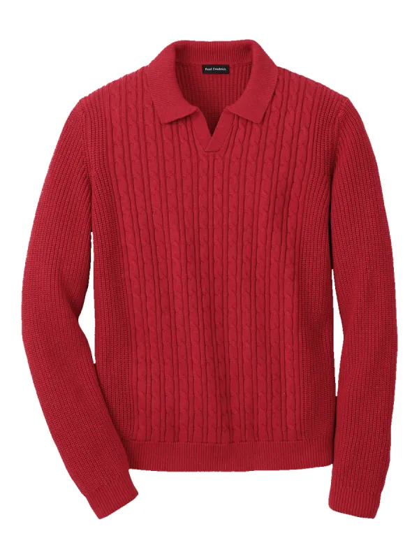 Cotton Cable V-neck Polo - Red sold by Paul Fredrick