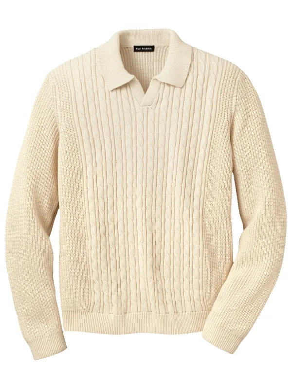 Cotton Cable V-neck Polo - Ivory sold by Paul Fredrick
