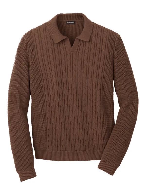 Cotton Cable V-neck Polo - Brown sold by Paul Fredrick