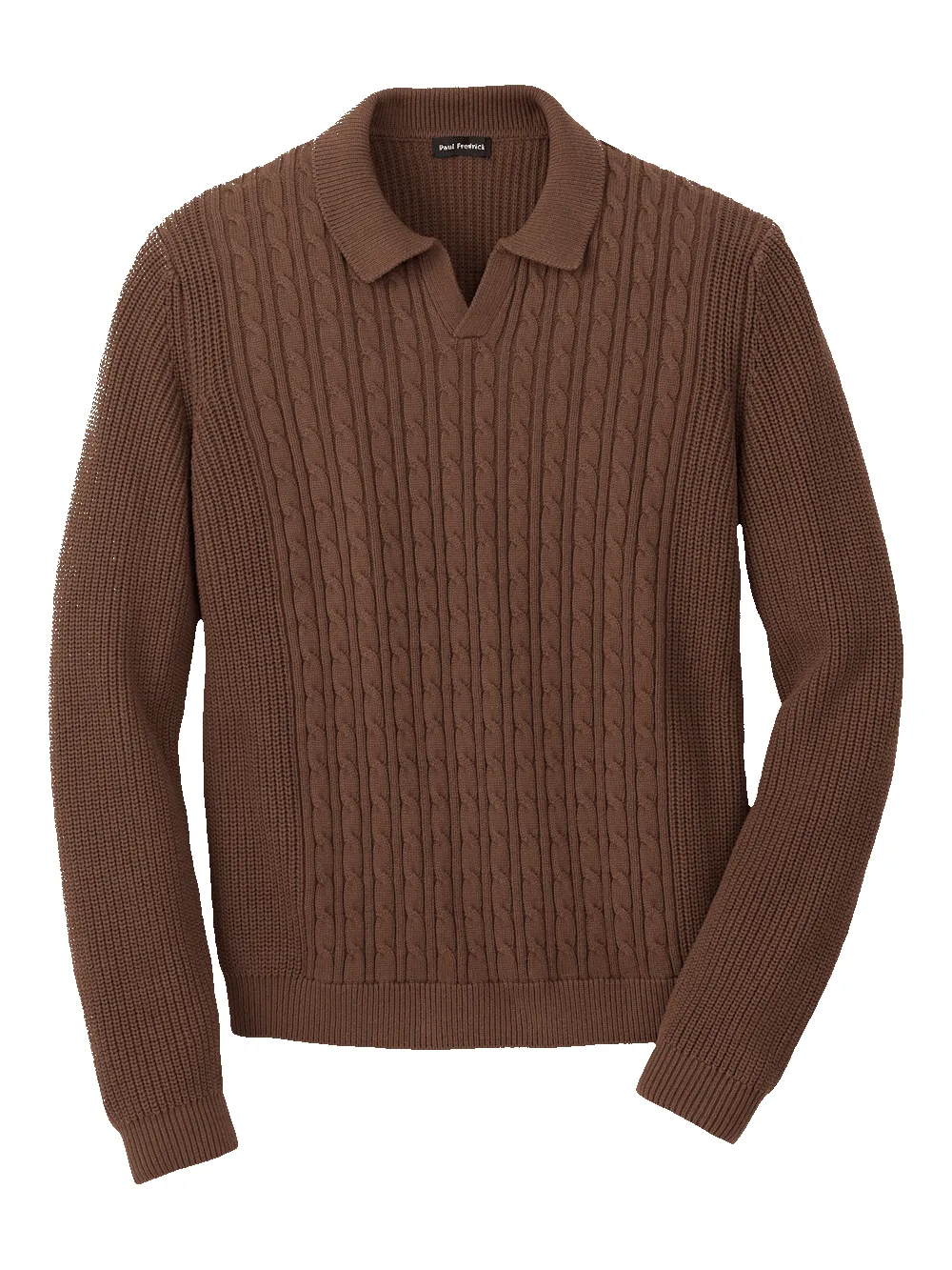 Cotton Cable V-neck Polo - Brown sold by Paul Fredrick