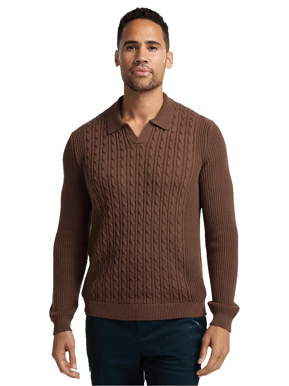 Cotton Cable V-neck Polo - Brown sold by Paul Fredrick product image thumbnail 2