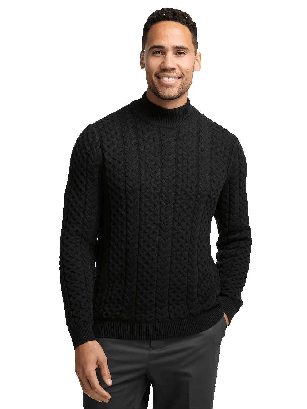 Cotton Cable Mock Neck Sweater - Black sold by Paul Fredrick product image thumbnail 2