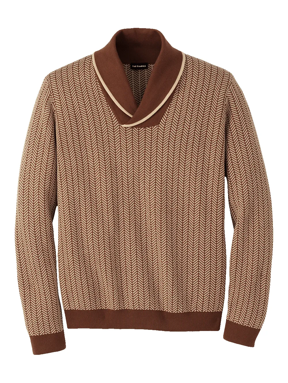 Cotton Shawl Collar Sweater - Ivory/brown sold by Paul Fredrick