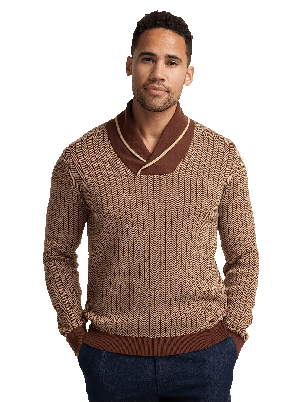 Cotton Shawl Collar Sweater - Ivory/brown sold by Paul Fredrick product image thumbnail 2