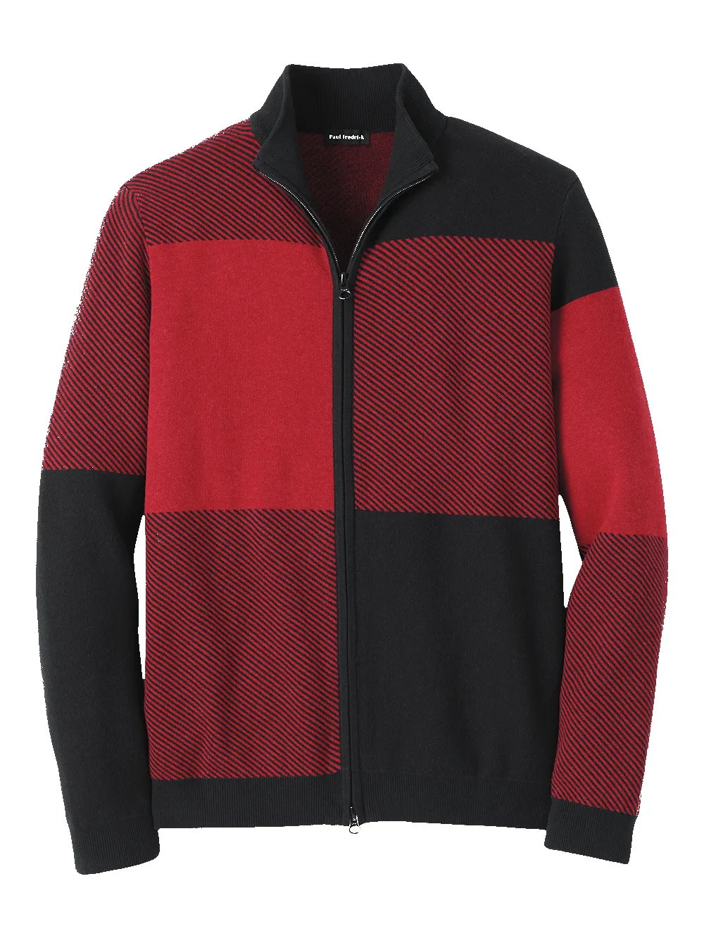 Cotton Full Zip Mock Neck Sweater - Red/black sold by Paul Fredrick