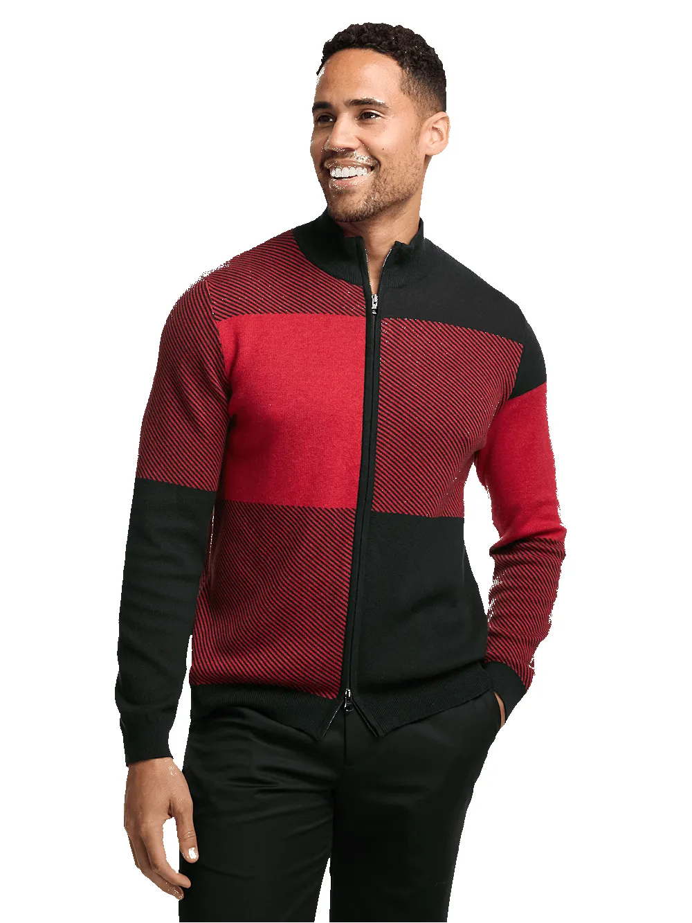 Cotton Full Zip Mock Neck Sweater - Red/black sold by Paul Fredrick product image thumbnail 2