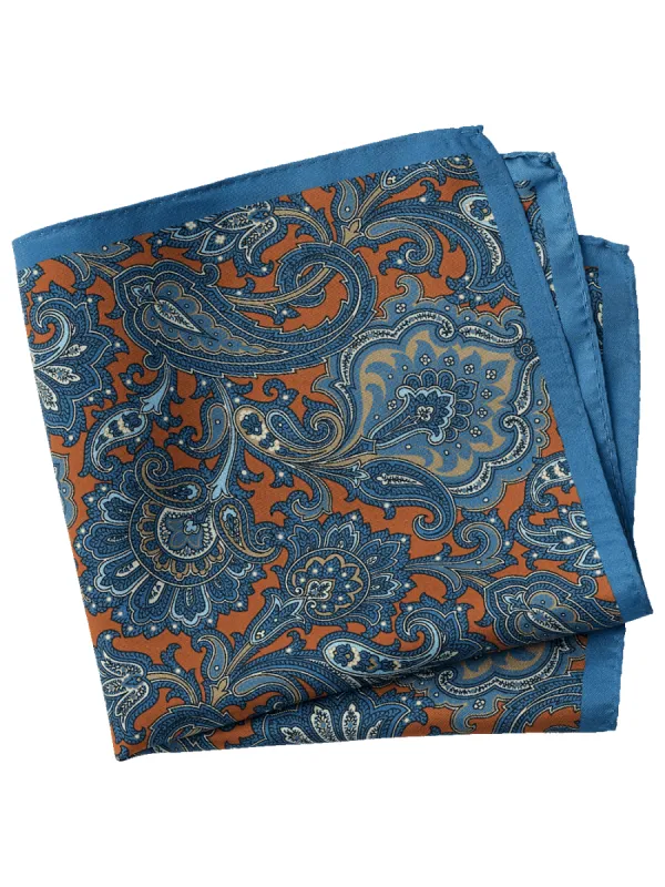 Medallion Silk Pocket Square - Blue/orange sold by Paul Fredrick