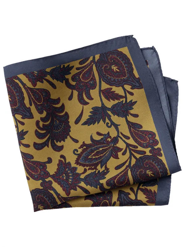 Medallion Silk Pocket Square - Gold/blue sold by Paul Fredrick