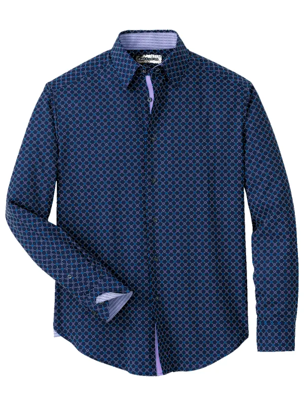 Performance Stretch Geometric Casual Shirt - Navy/purple sold by Paul Fredrick