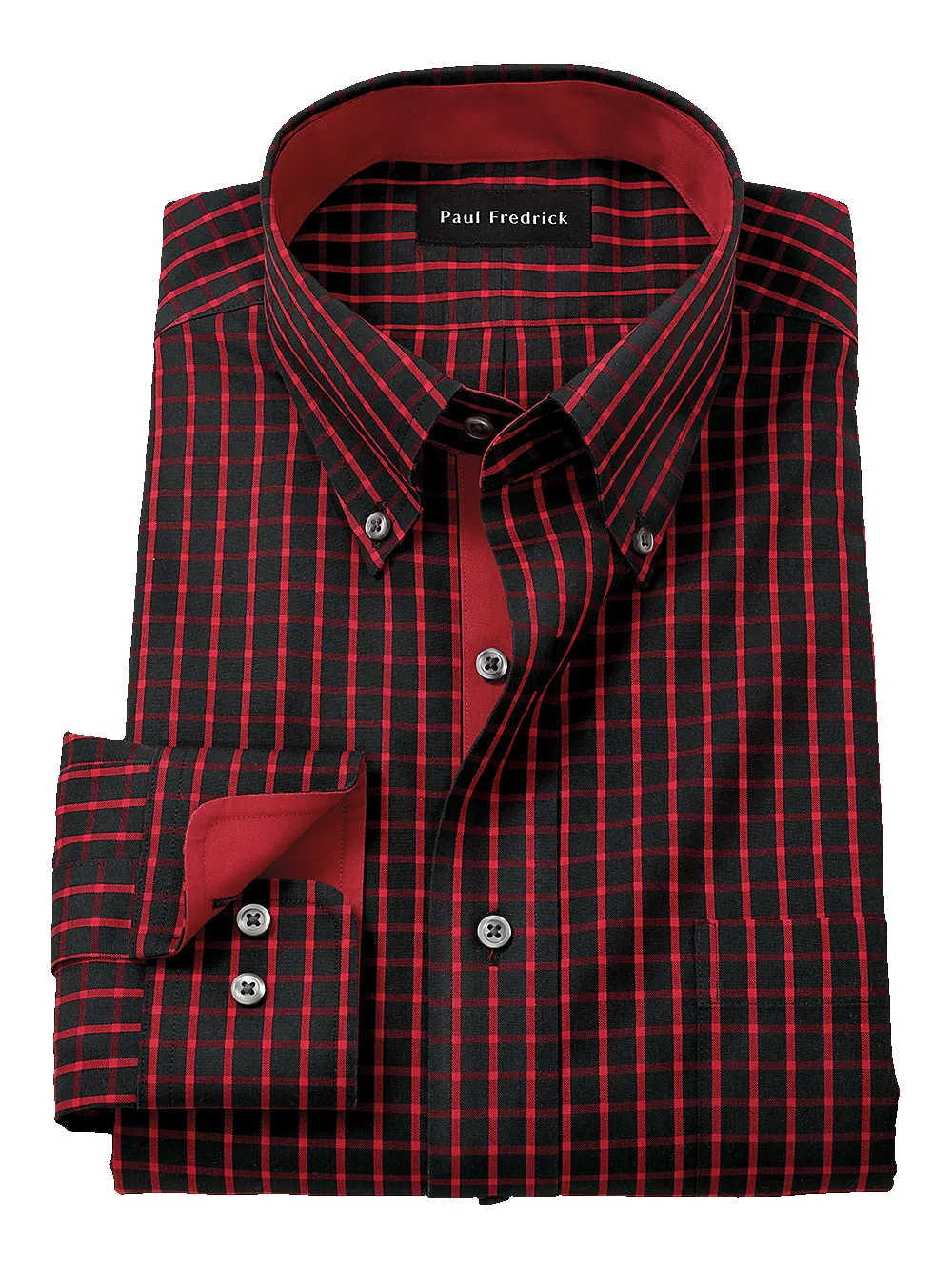 Non-Iron Cotton Check Dress Shirt With Contrast Trim - Black/red sold by Paul Fredrick