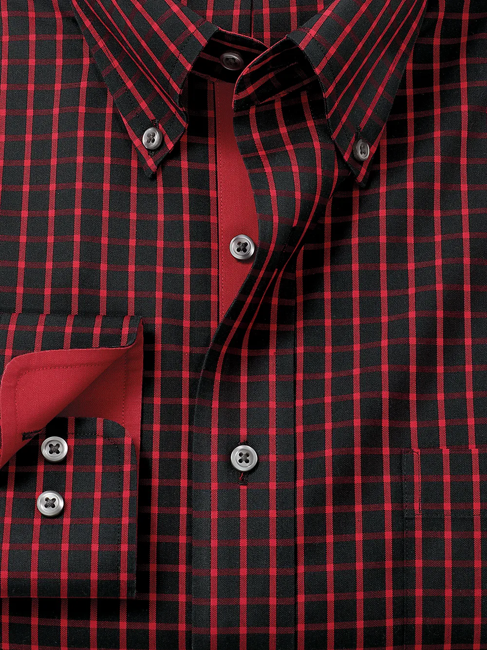 Non-Iron Cotton Check Dress Shirt With Contrast Trim - Black/red sold by Paul Fredrick product image thumbnail 2