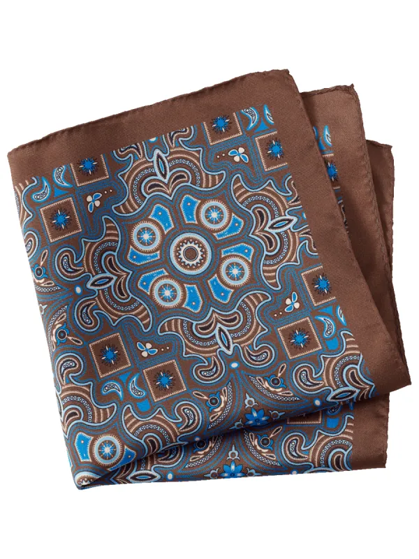 Medallion Silk Pocket Square - Brown/blue sold by Paul Fredrick
