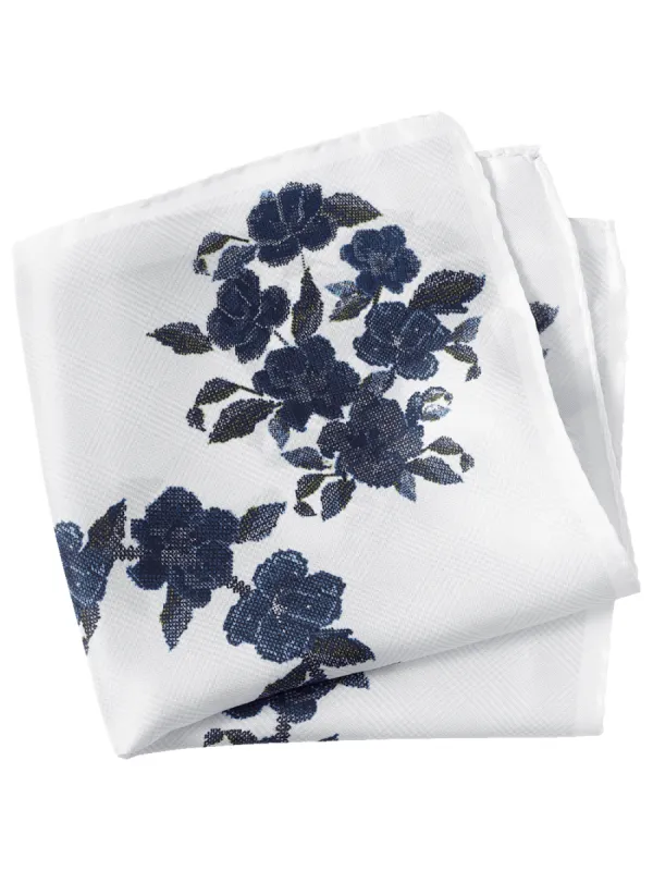 Floral Silk Pocket Square - White/blue sold by Paul Fredrick