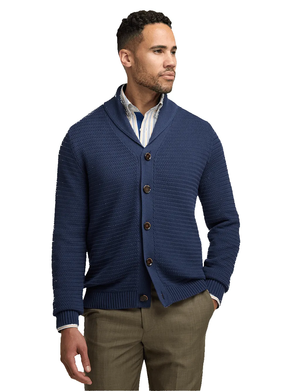 Cotton Button Front Shawl Collar Cardigan Sweater - Navy sold by Paul Fredrick product image thumbnail 2