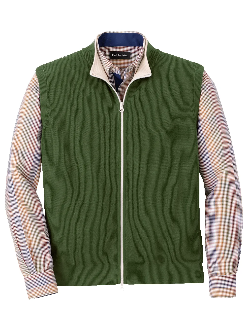 Cotton Full Zip Mock Neck Vest - Green sold by Paul Fredrick