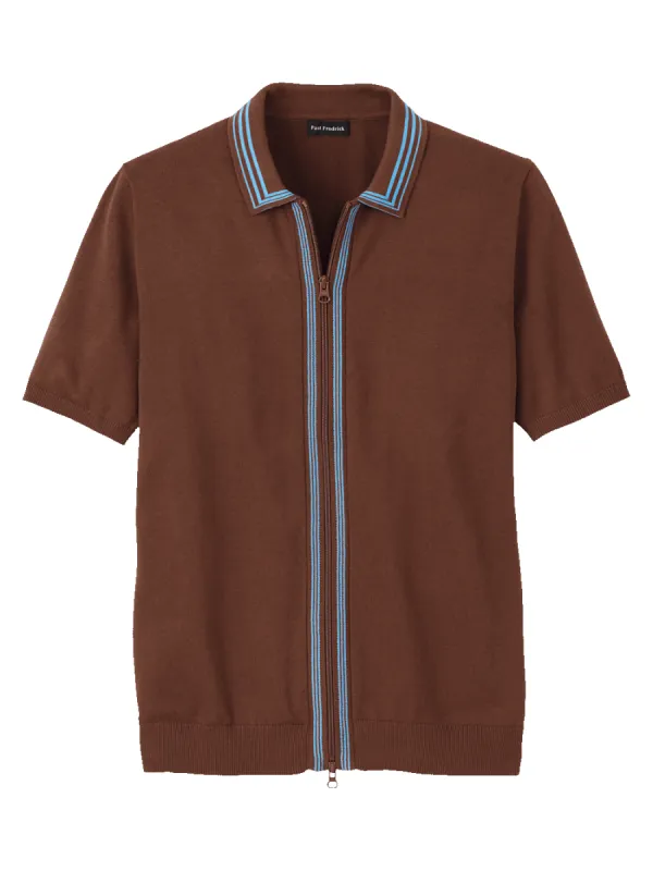Cotton Full Zip Polo - Brown sold by Paul Fredrick