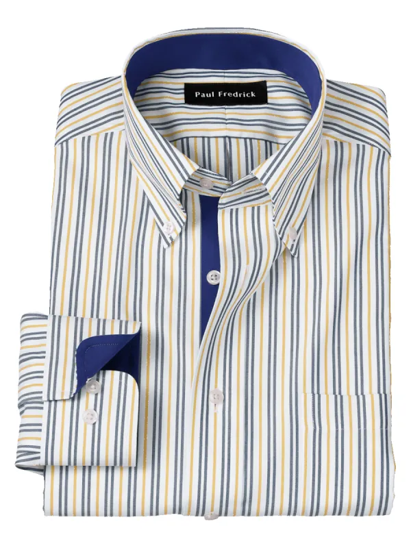 Non-Iron Cotton Stripe Dress Shirt With Contrast Trim - Blue/gold sold by Paul Fredrick