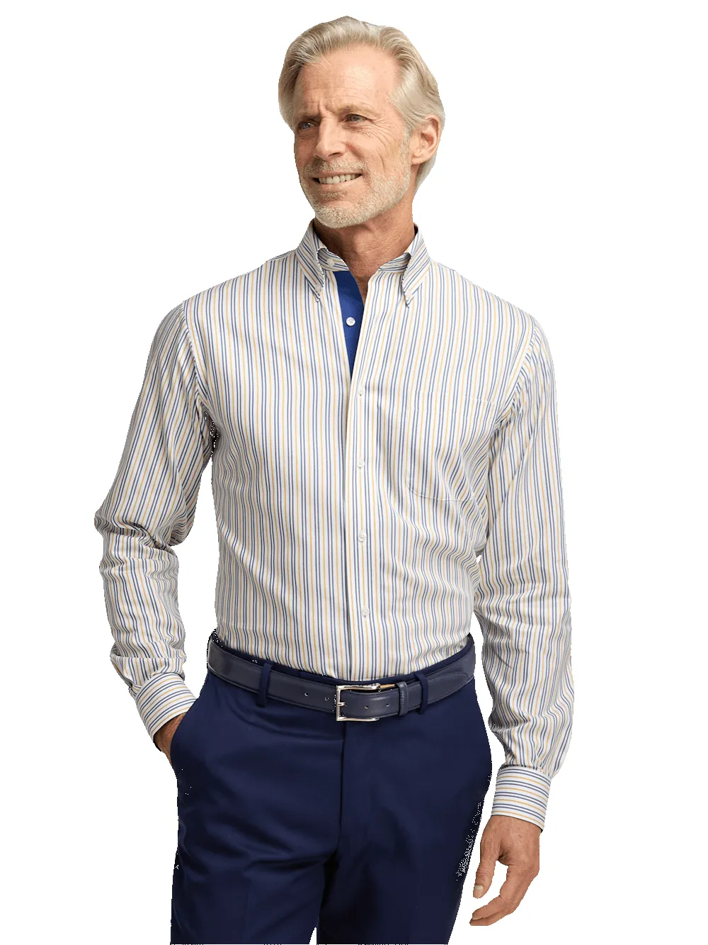 Non-Iron Cotton Stripe Dress Shirt With Contrast Trim - Blue/gold sold by Paul Fredrick product image thumbnail 2