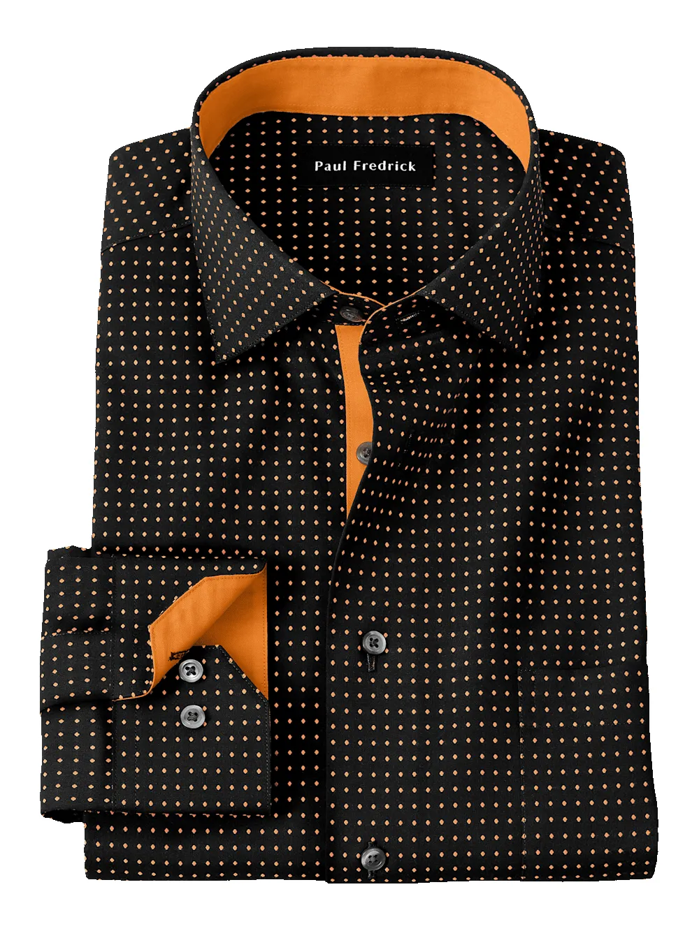 Non-Iron Cotton Dot Dress Shirt With Contrast Trim - Black/orange sold by Paul Fredrick