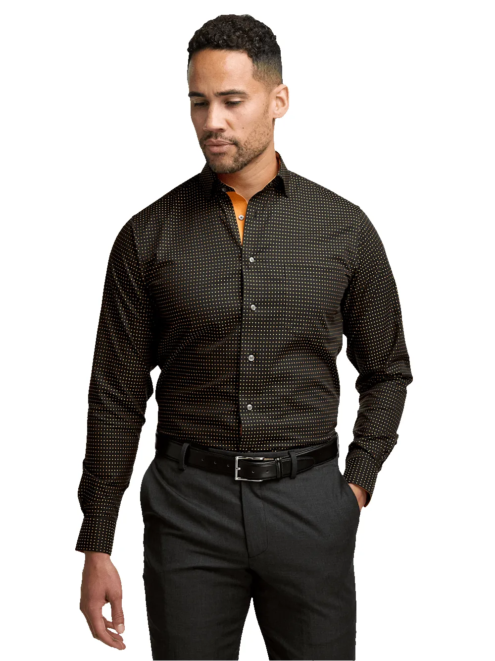 Non-Iron Cotton Dot Dress Shirt With Contrast Trim - Black/orange sold by Paul Fredrick product image thumbnail 2