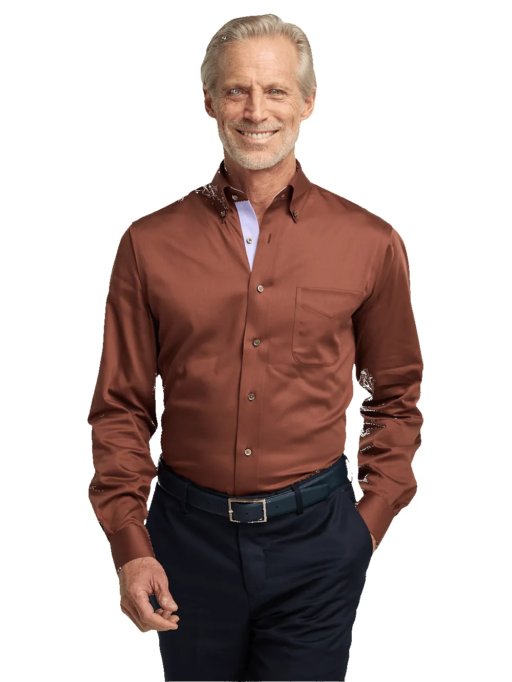 Non-Iron Cotton Solid Dress Shirt With Contrast Trim - Brown sold by Paul Fredrick product image thumbnail 2
