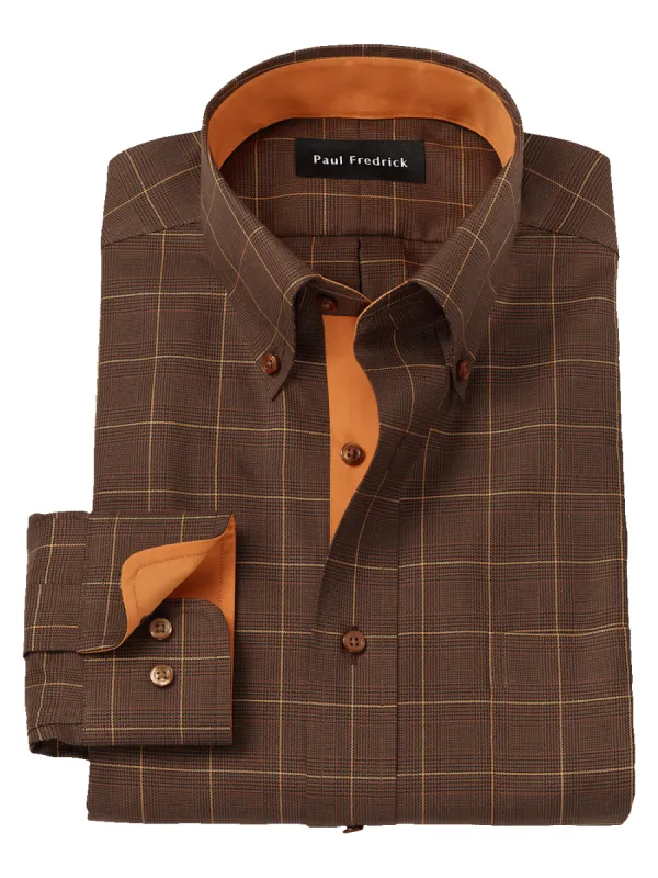Non-Iron Cotton Windowpane Dress Shirt With Contrast Trim - Brown/orange sold by Paul Fredrick