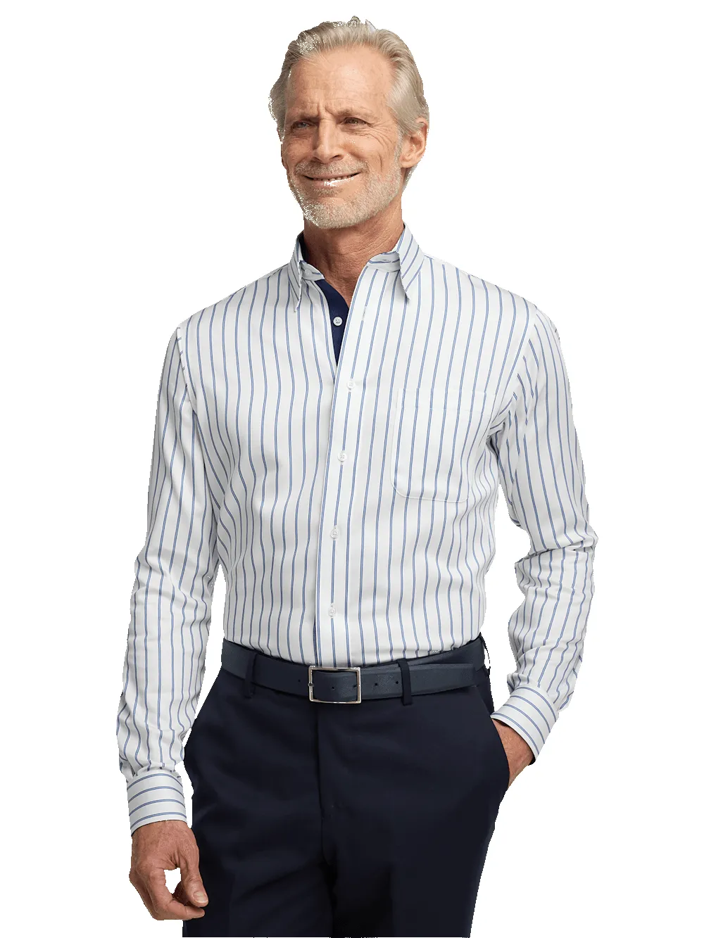 Non-Iron Cotton Stripe Dress Shirt With Contrast Trim - White/blue sold by Paul Fredrick product image thumbnail 2