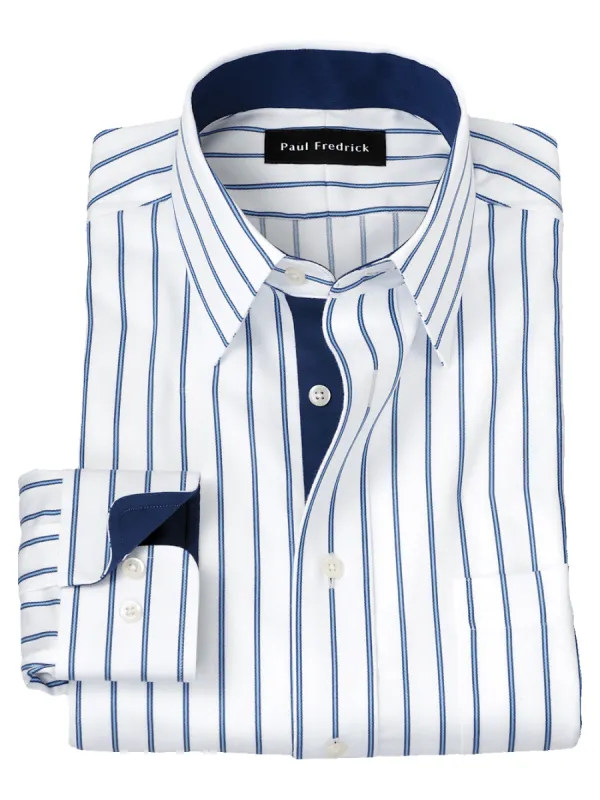 Non-Iron Cotton Stripe Dress Shirt With Contrast Trim - White/blue sold by Paul Fredrick