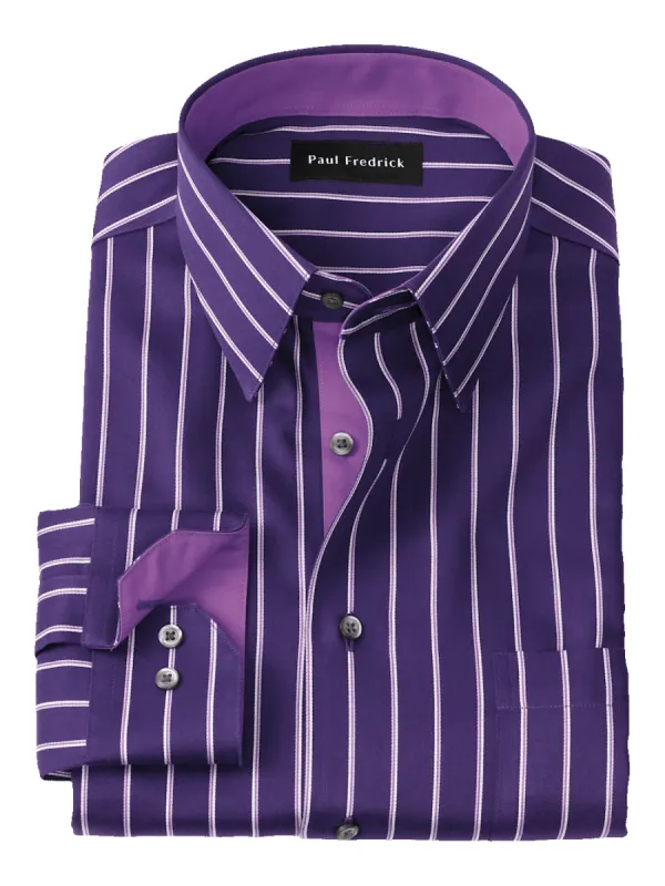 Non-Iron Cotton Stripe Dress Shirt With Contrast Trim - Purple sold by Paul Fredrick