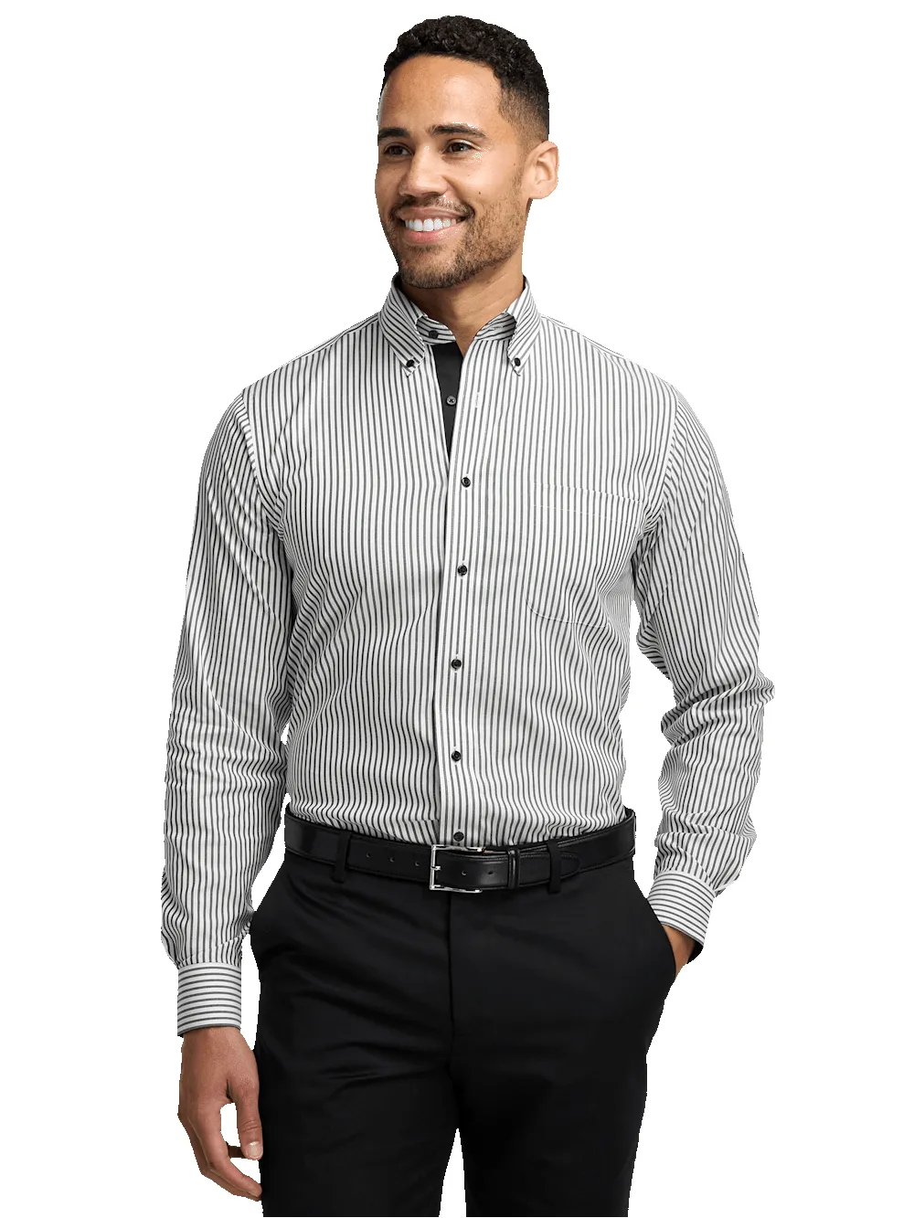 Comfort Stretch Non-Iron Stripe Dress Shirt With Contrast Trim - White/black sold by Paul Fredrick product image thumbnail 2