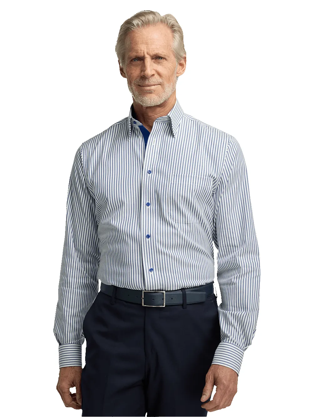 Comfort Stretch Non-Iron Stripe Dress Shirt With Contrast Trim - White/navy sold by Paul Fredrick product image thumbnail 2