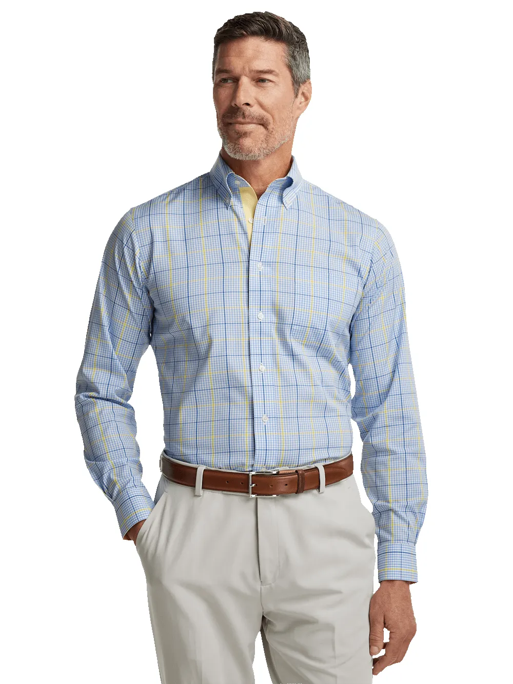 Comfort Stretch Non-Iron Plaid Dress Shirt With Contrast Trim - Blue/yellow sold by Paul Fredrick product image thumbnail 2