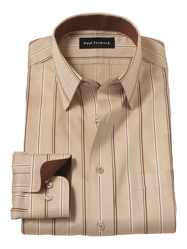 Comfort Stretch Non-Iron Stripe Dress Shirt With Contrast Trim - Tan sold by Paul Fredrick