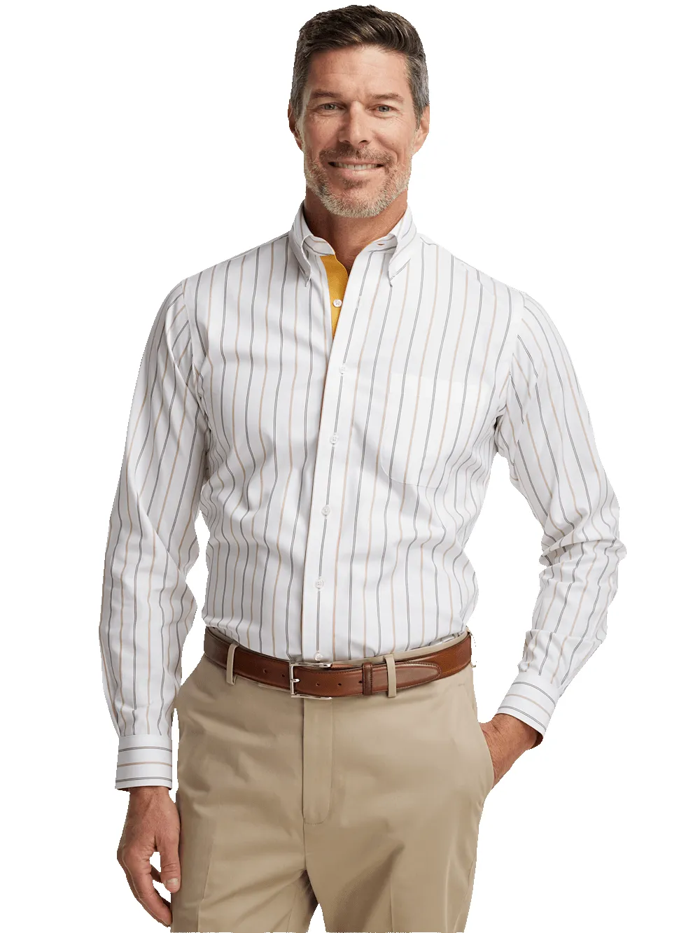 Non-Iron Cotton Stripe Dress Shirt With Contrast Trim - White/brown sold by Paul Fredrick product image thumbnail 2