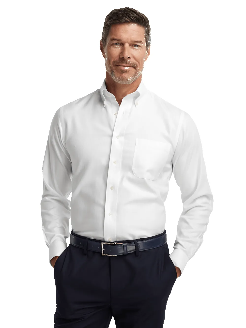 Non-Iron Cotton Herringbone Button Down Collar Dress Shirt - White sold by Paul Fredrick product image thumbnail 2