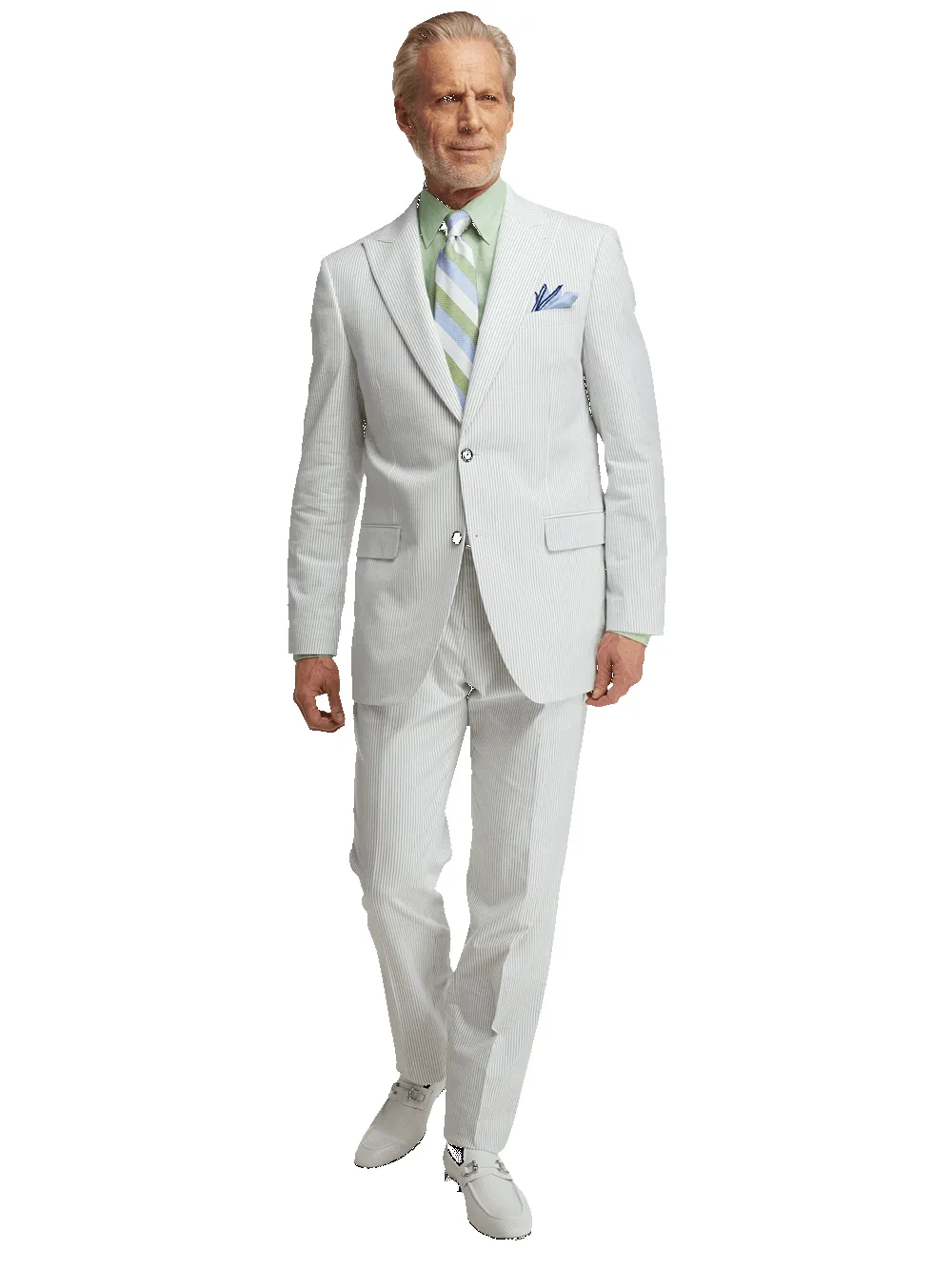 Cotton Stretch Stripe Seersucker Peak Lapel Suit - White/blue sold by Paul Fredrick product image thumbnail 2