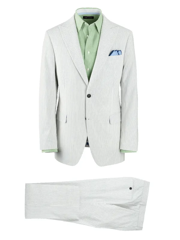 Cotton Stretch Stripe Seersucker Peak Lapel Suit - White/blue sold by Paul Fredrick