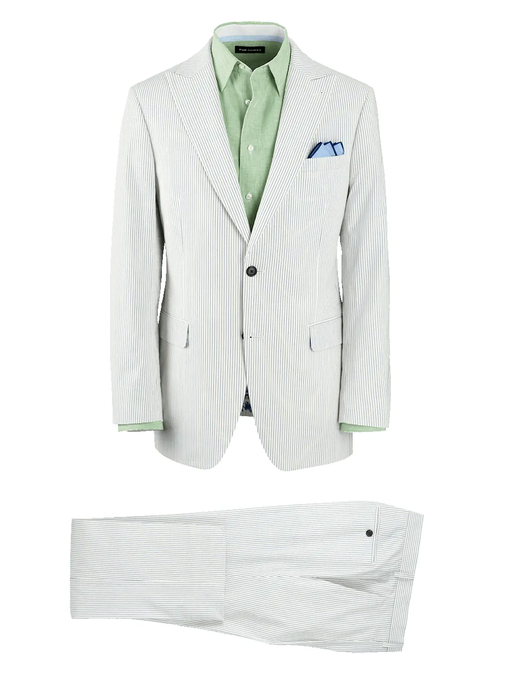 Cotton Stretch Stripe Seersucker Peak Lapel Suit - White/blue sold by Paul Fredrick