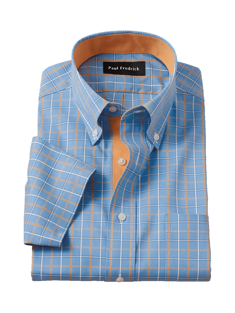 Comfort Stretch Non-Iron Check Dress Shirt With Contrast Trim - Blue/melon sold by Paul Fredrick