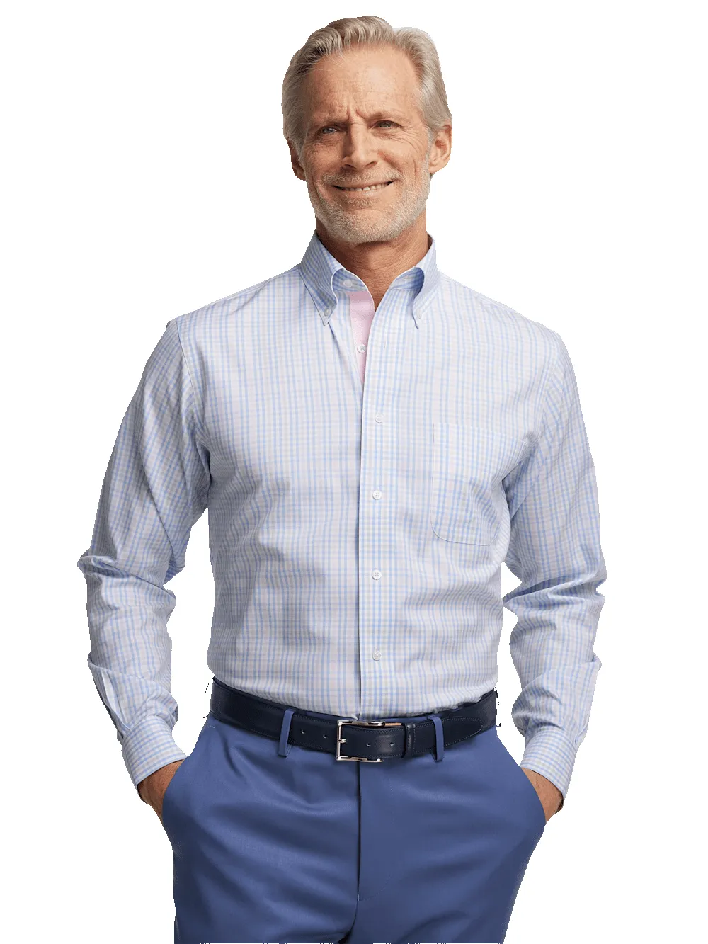 Comfort Stretch Non-Iron Tattersall Dress Shirt With Contrast Trim - Blue/pink sold by Paul Fredrick product image thumbnail 2