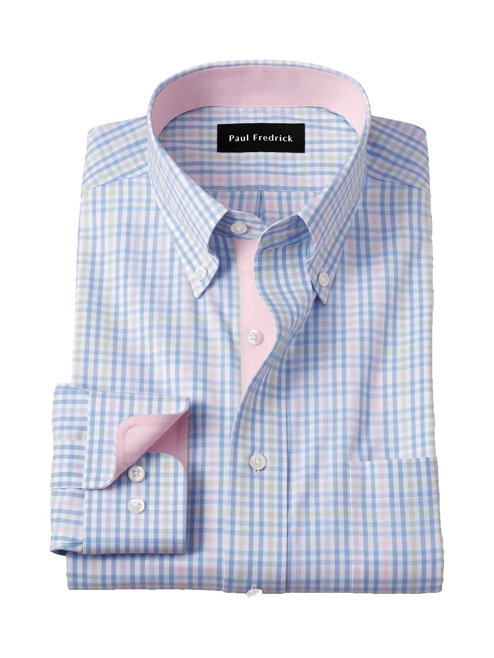 Comfort Stretch Non-Iron Tattersall Dress Shirt With Contrast Trim - Blue/pink sold by Paul Fredrick