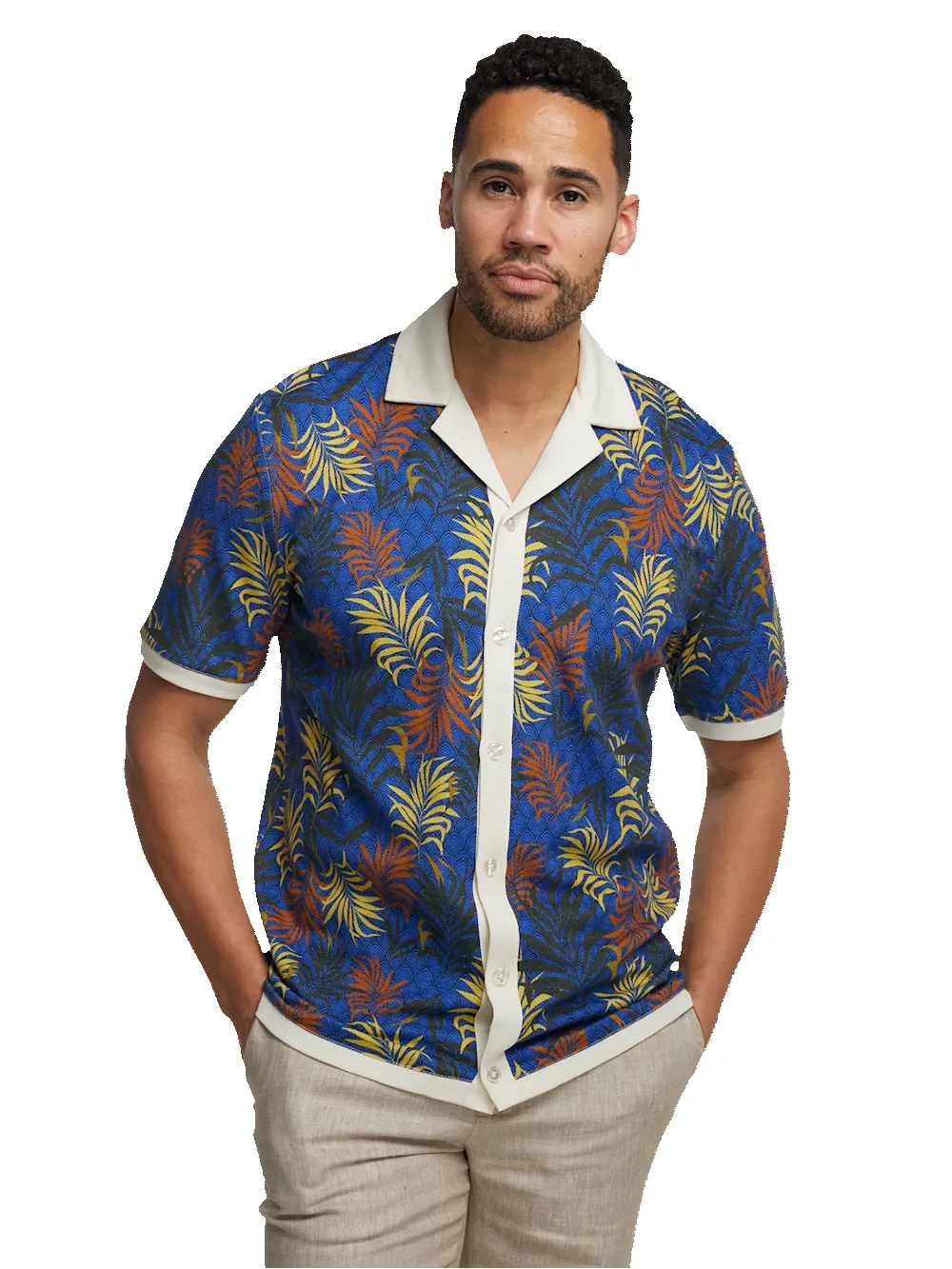 Linen Blend Button Front Camp Collar - Blue Multi sold by Paul Fredrick product image thumbnail 2