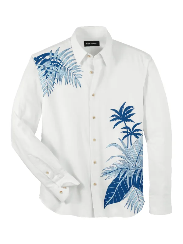 Linen Blend Botanical Print Casual Shirt - White sold by Paul Fredrick