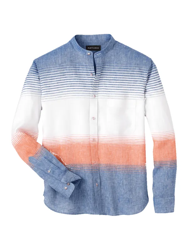 Linen Blend Horizontal Stripe Casual Shirt - Orange/blue sold by Paul Fredrick