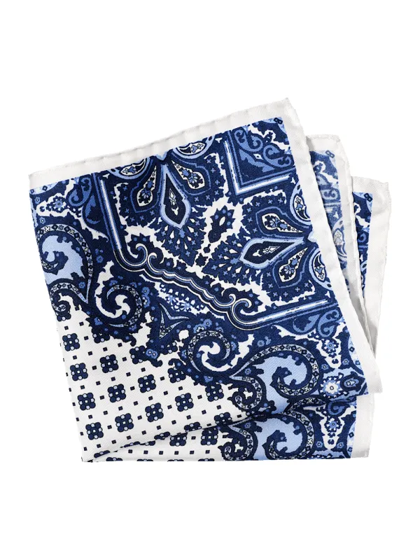 Medallion Silk Pocket Square - Blue/white sold by Paul Fredrick