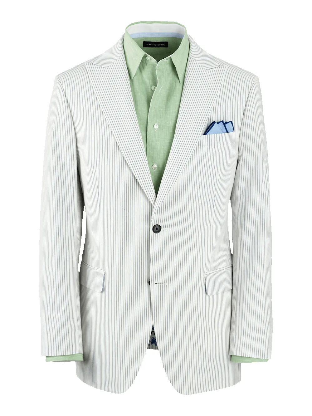Cotton Stretch Stripe Seersucker Single Breasted Peak Lapel Suit Jacket - White/blue sold by Paul Fredrick