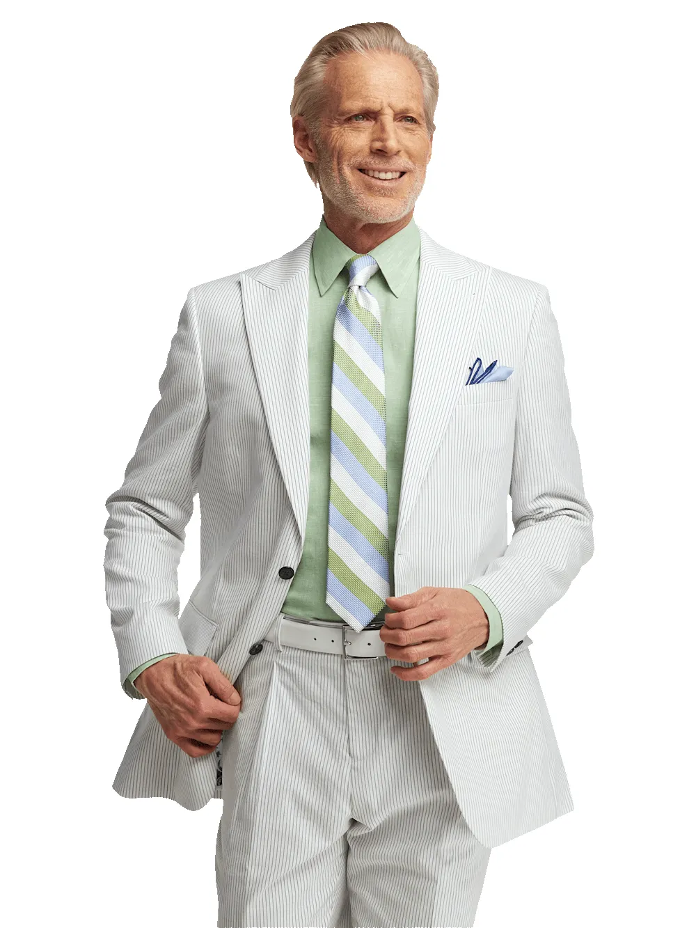 Cotton Stretch Stripe Seersucker Single Breasted Peak Lapel Suit Jacket - White/blue sold by Paul Fredrick product image thumbnail 2