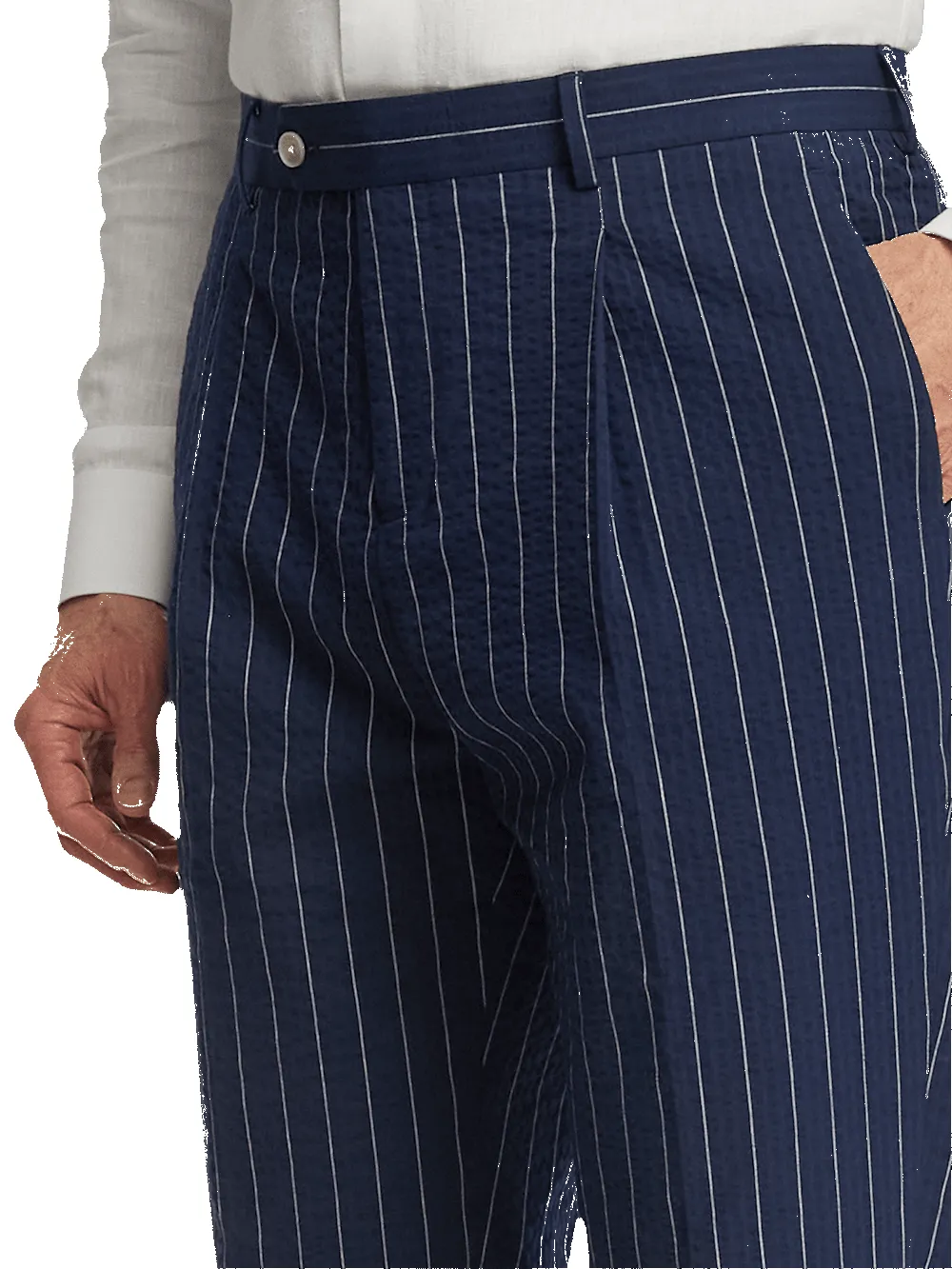 Cotton Stretch Pinstripe Seersucker Single Pleat Suit Pants - Navy sold by Paul Fredrick product image thumbnail 5