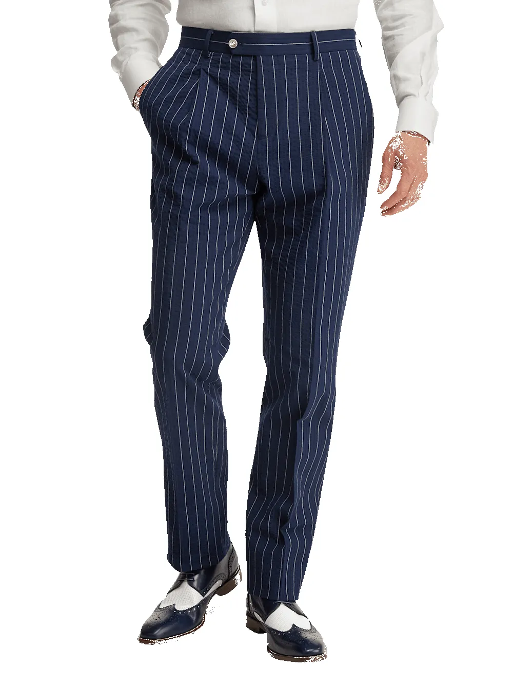 Cotton Stretch Pinstripe Seersucker Single Pleat Suit Pants - Navy sold by Paul Fredrick product image thumbnail 2
