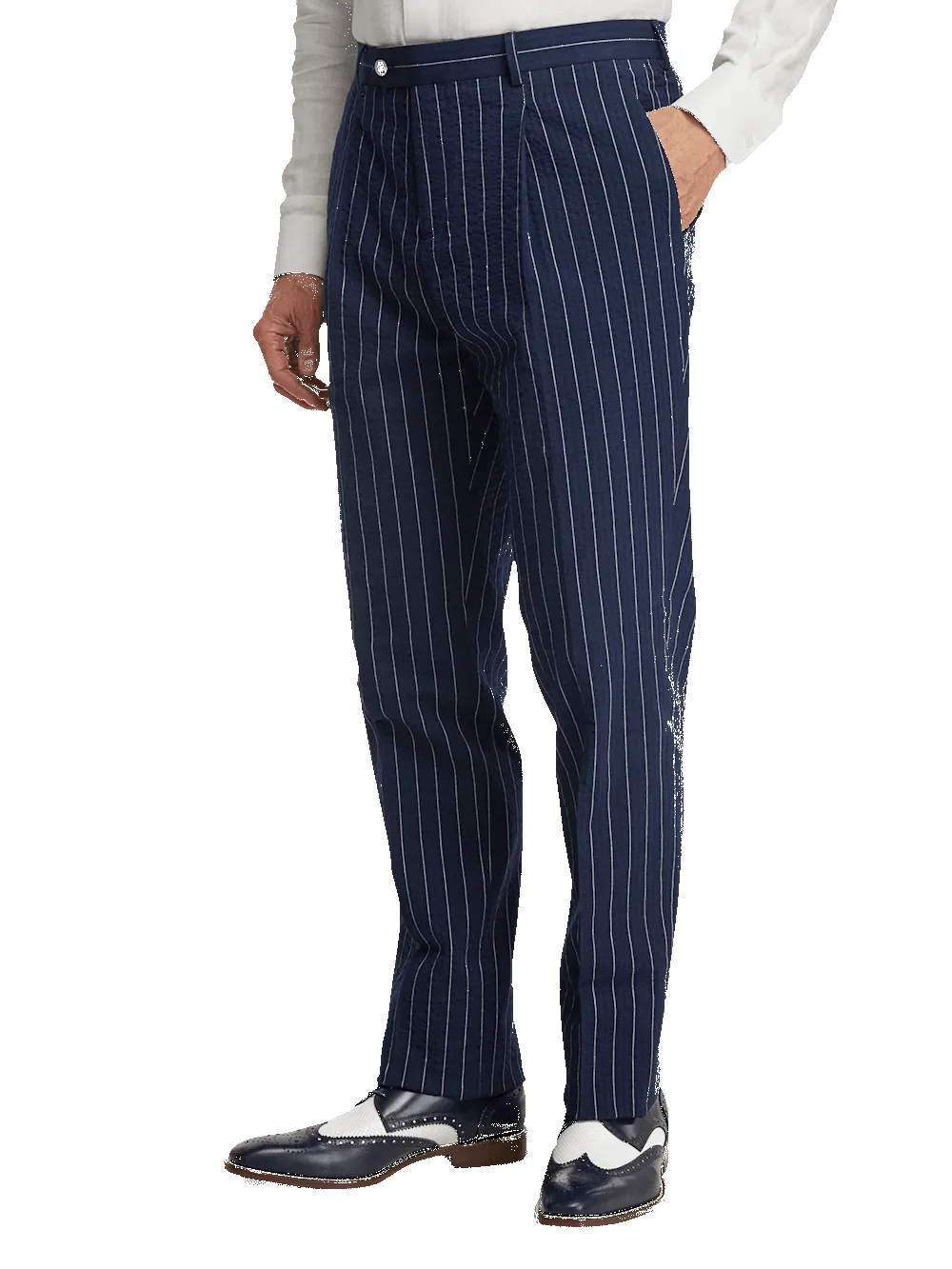 Cotton Stretch Pinstripe Seersucker Single Pleat Suit Pants - Navy sold by Paul Fredrick product image thumbnail 4
